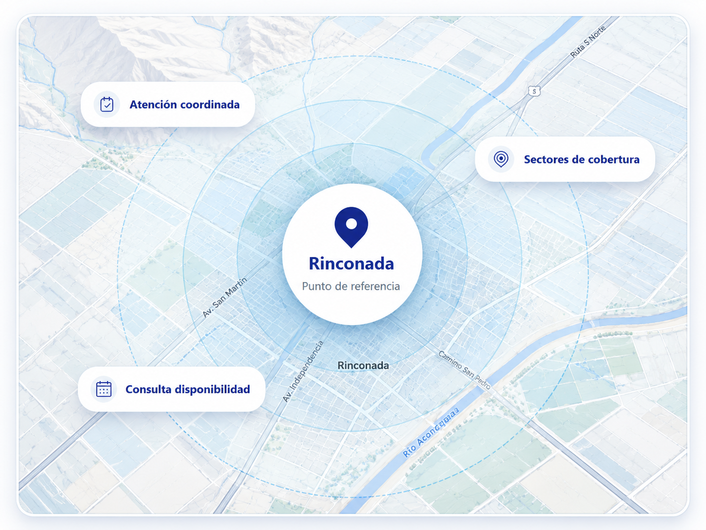 Mapa ilustrado de cobertura de atención veterinaria a domicilio con Rinconada como punto de referencia